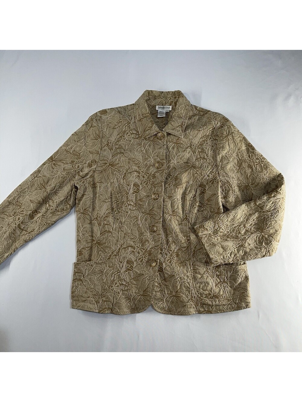 Coldwater Creek Jacket Womens Large Tan Jacquard Artsy Floral Embossed Boho